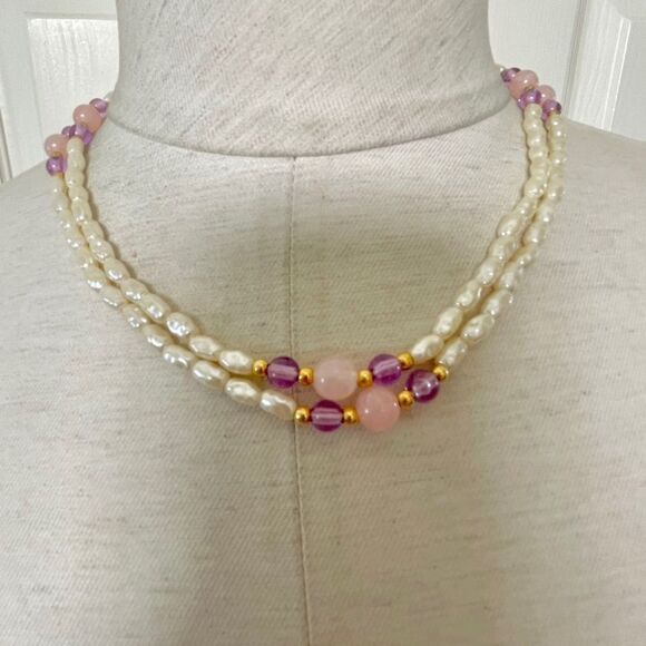 Faux freshwater pearl pink and purple necklace - Picture 1 of 9